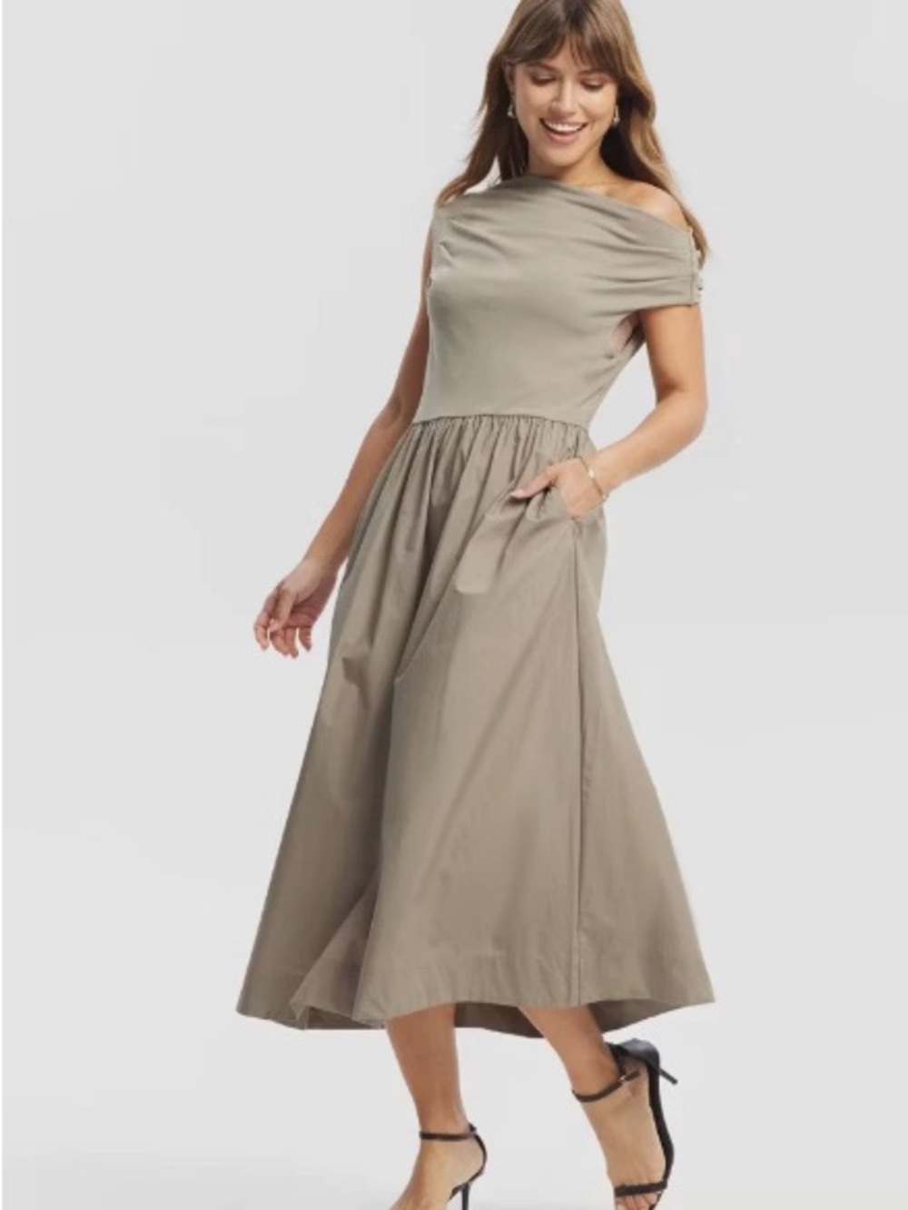Off-Shoulder Olive Midi Dress with Gathered Waist